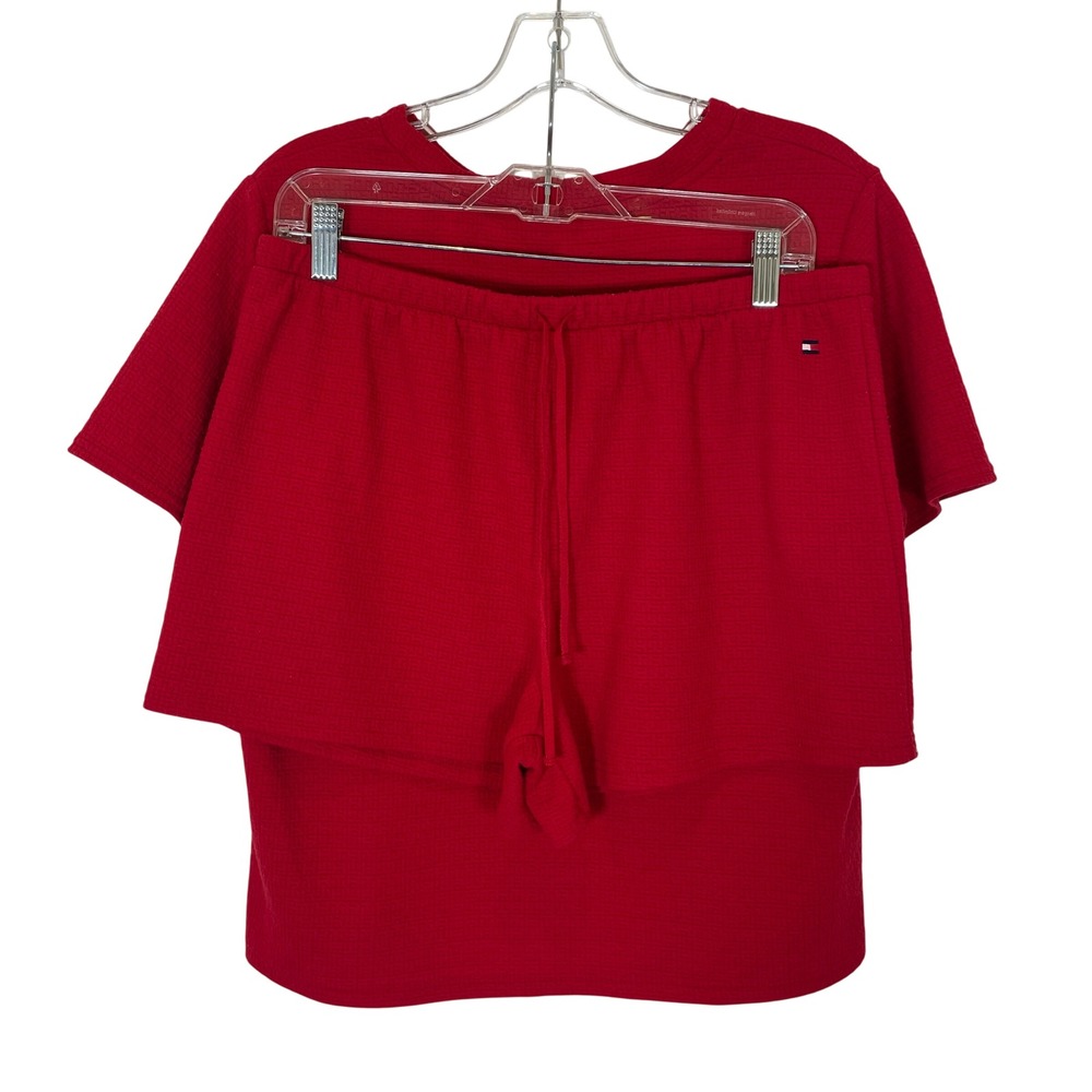 Tommy Hilfiger Pajama Set Shorts Top Womens Red‎ Waffle Knit Loungewear L